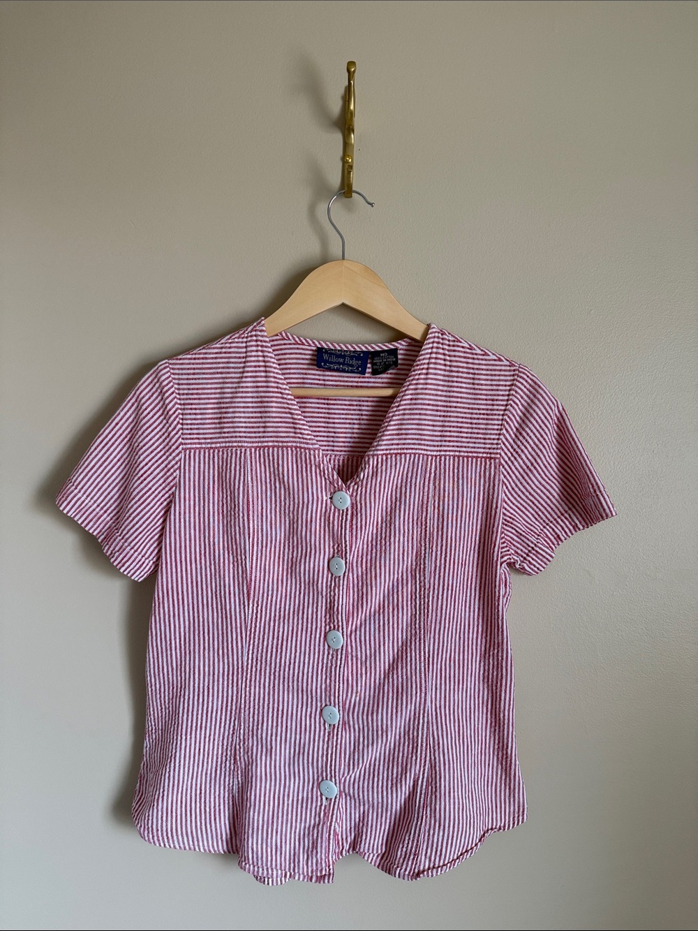 Willow Ridge Red and White Striped Button-Front Short Sleeve Blouse